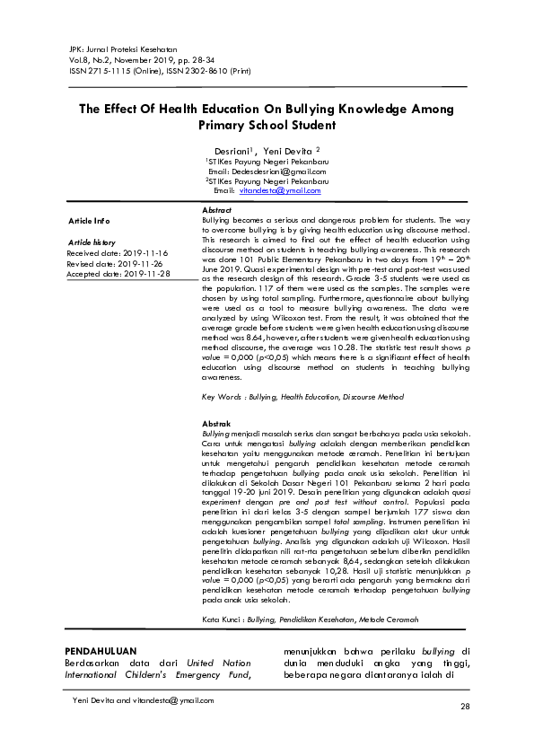 (PDF) The Effect Of Health Education On Bullying Knowledge Among ...