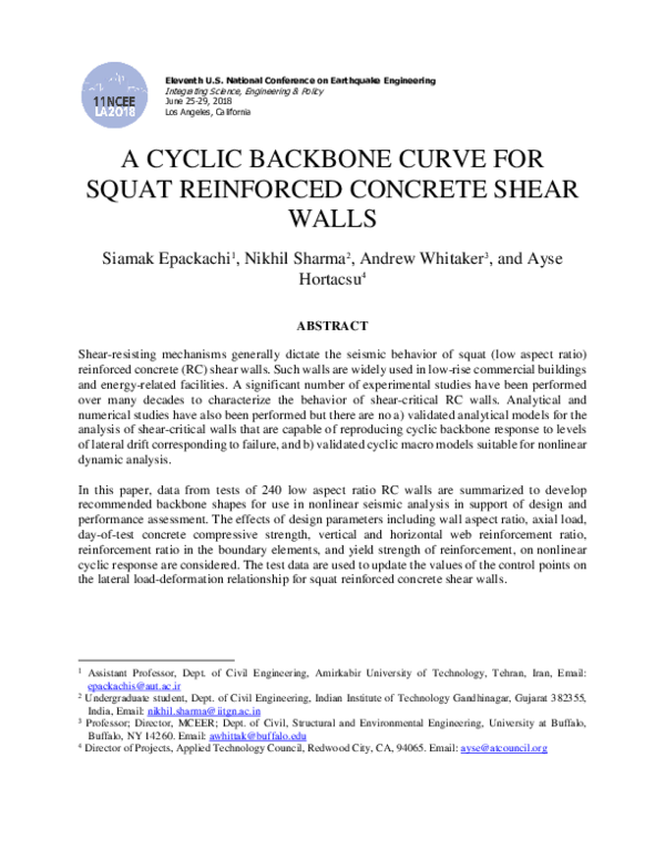 (PDF) A cyclic backbone curve for squat reinforced concrete shear walls
