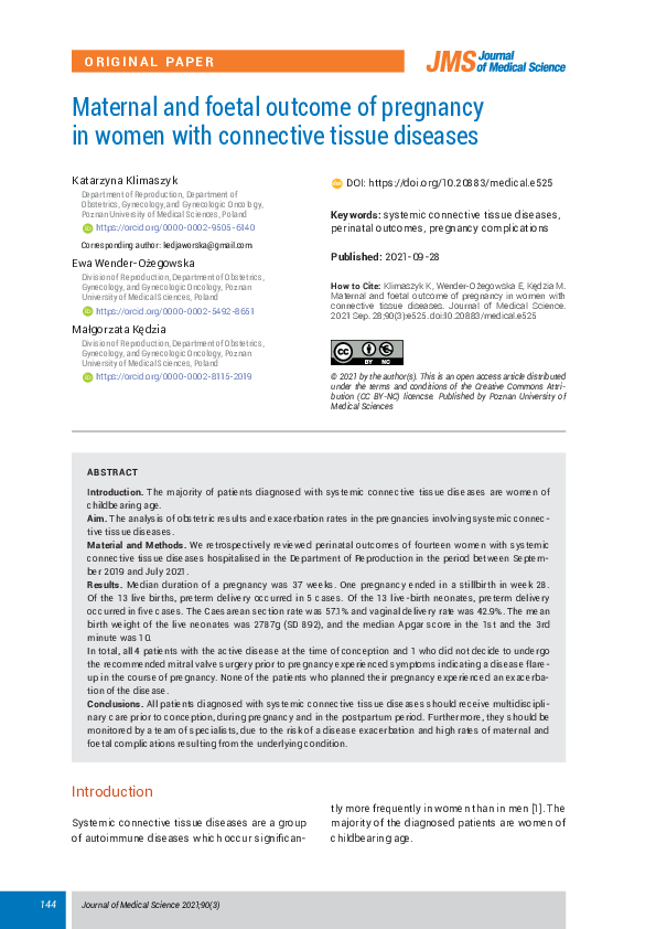 (PDF) Maternal and foetal outcome of pregnancy in women with connective ...