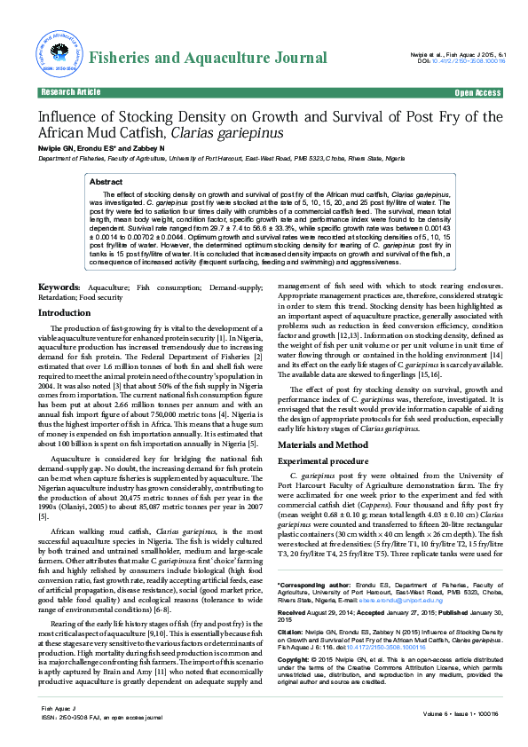 (PDF) Influence of Stocking Density on Growth and Survival of Post Fry ...