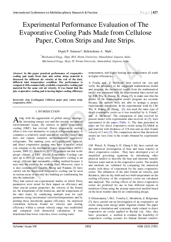 (PDF) Experimental Performance Evaluation of The Evaporative Cooling ...