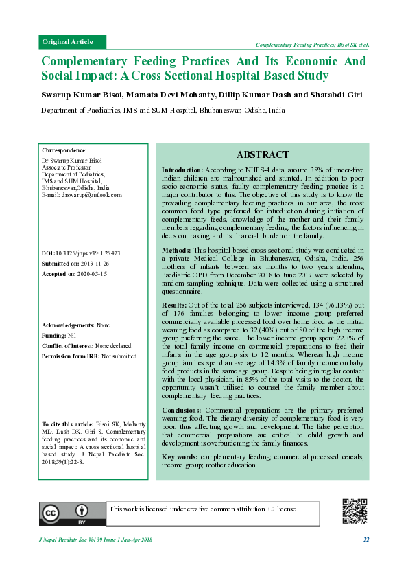 (PDF) Complementary Feeding Practices And Its Economic And Social ...