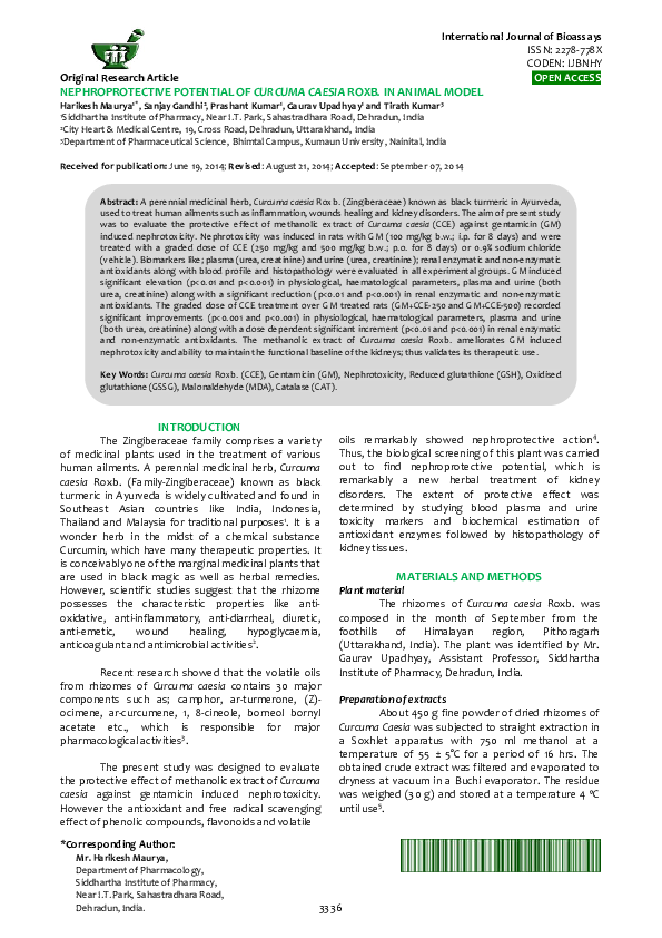 (PDF) Nephroprotective potential of Curcuma caesia roxb. In animal model