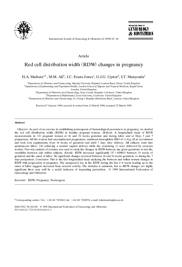 (PDF) Red cell distribution width (RDW) changes in pregnancy