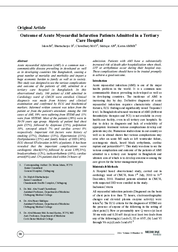 (PDF) Outcome of Acute Myocardial Infarction Patients Admitted in a ...