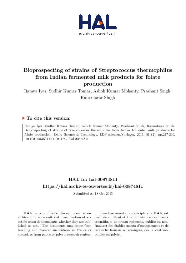 (PDF) Bioprospecting of strains of Streptococcus thermophilus from ...