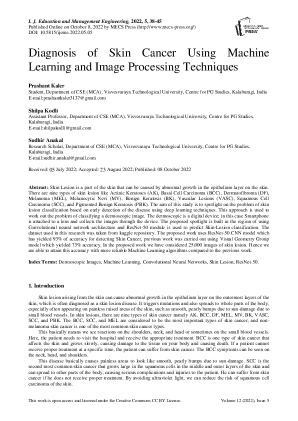 (PDF) Diagnosis of Skin Cancer Using Machine Learning and Image ...