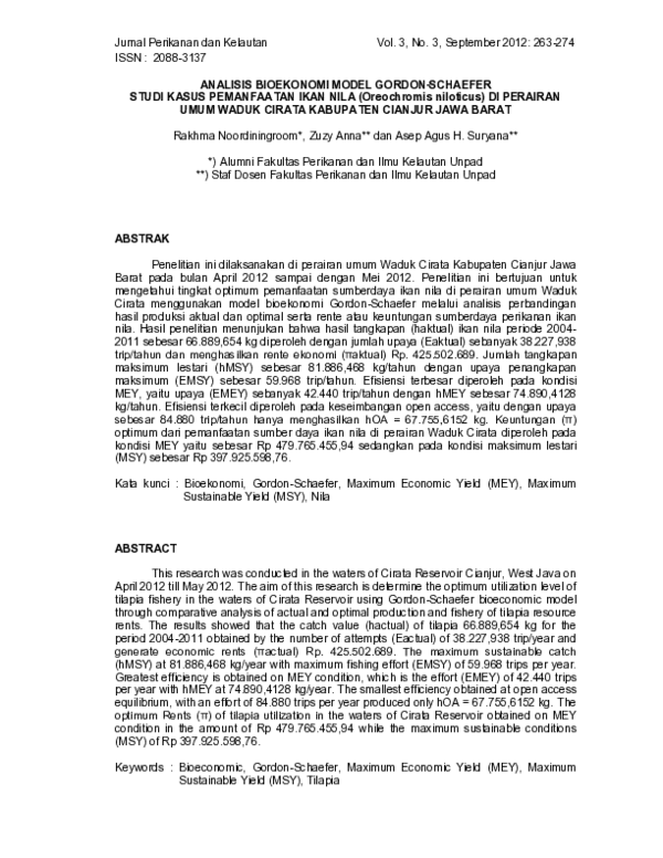 (PDF) ANALISIS BIOEKONOMI MODEL GORDON-SCHAEFER STUDI KASUS PEMANFAATAN ...
