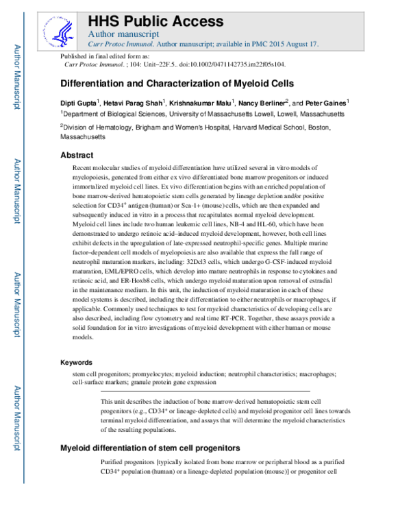 (PDF) Differentiation and Characterization of Myeloid Cells