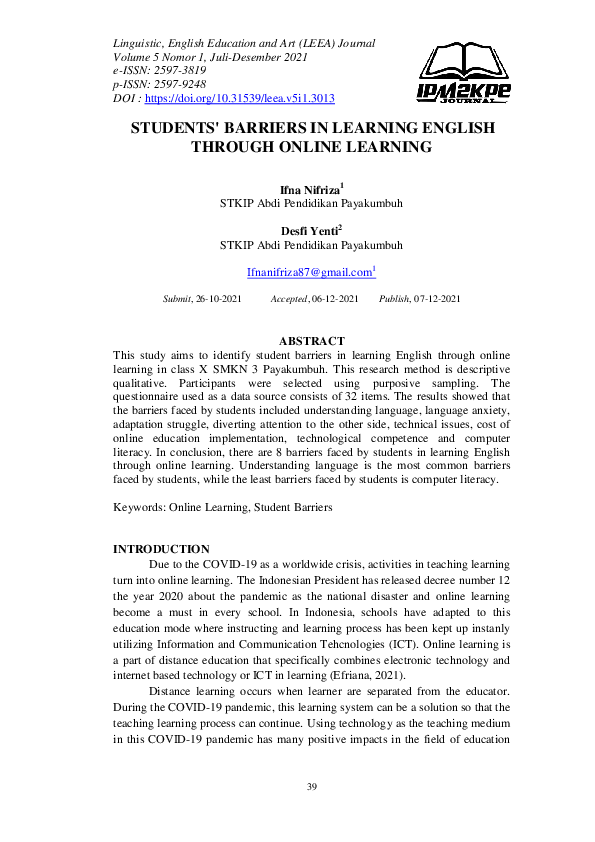 (PDF) Students' Barriers in Learning English Through Online Learning