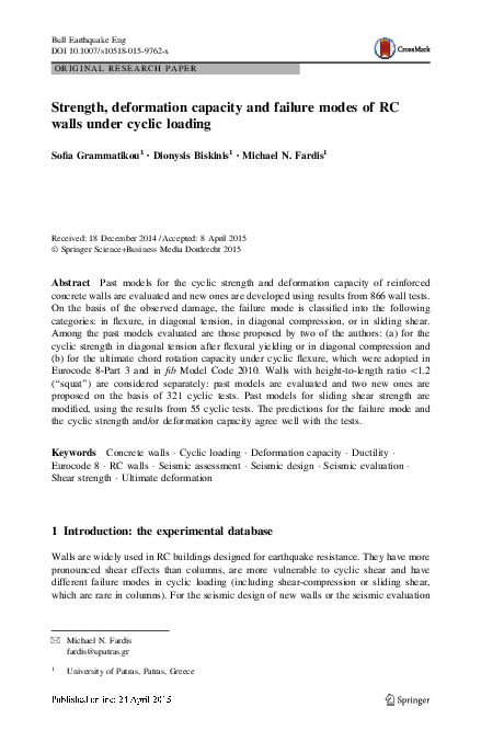 (PDF) Strength, deformation capacity and failure modes of RC walls ...