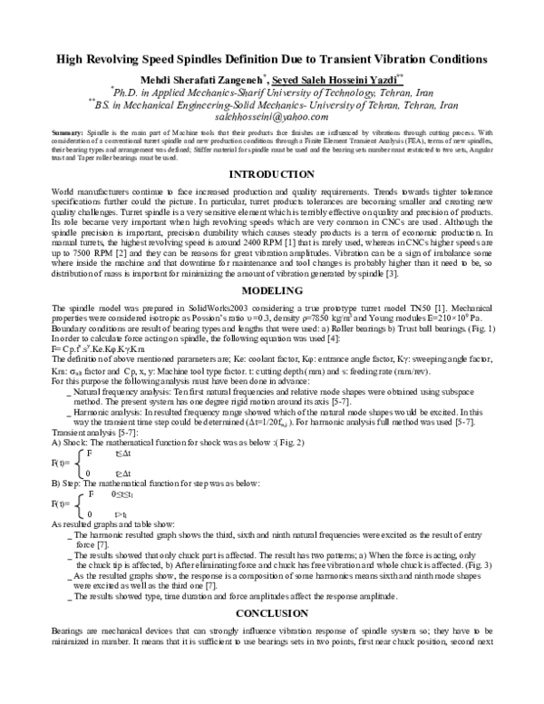 (PDF) High Revolving Speed Spindles Definition Due to Transient