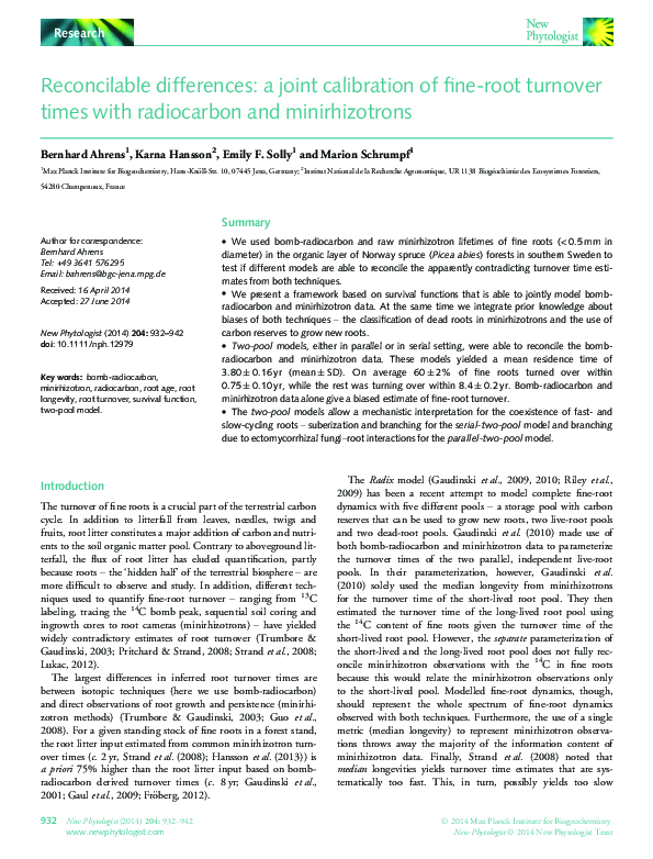 (PDF) Reconcilable differences: a joint calibration of fine‐root ...