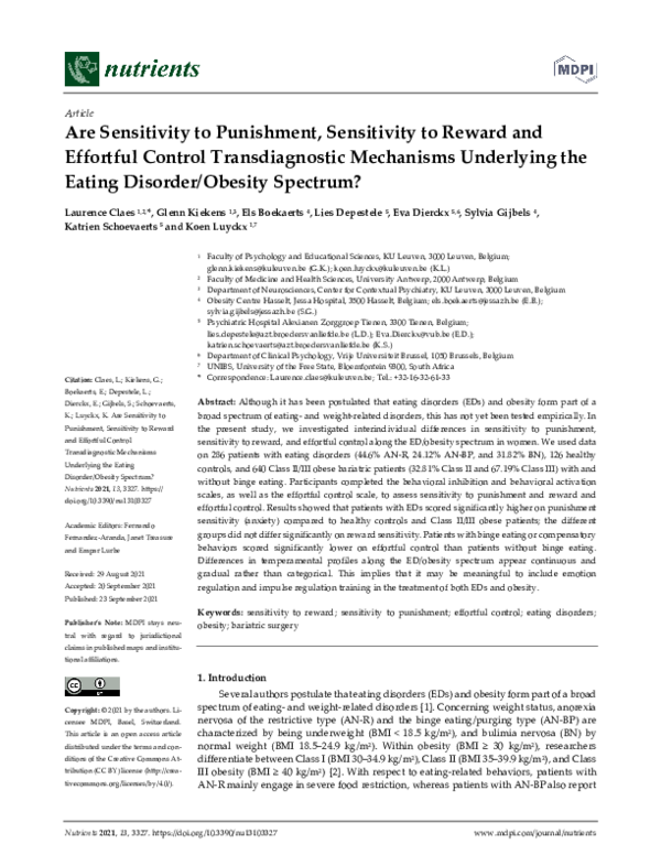 Are Sensitivity to Punishment, Sensitivity to Reward and Effortful Control Transdiagnostic Mechanisms Underlying the Eating Disorder/Obesity Spectrum?