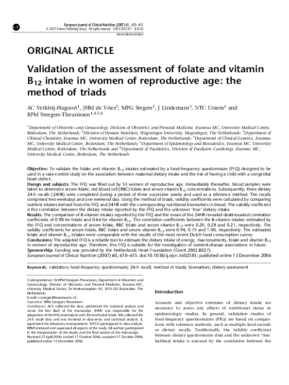 (PDF) Validation of the assessment of folate and vitamin B12 intake in ...