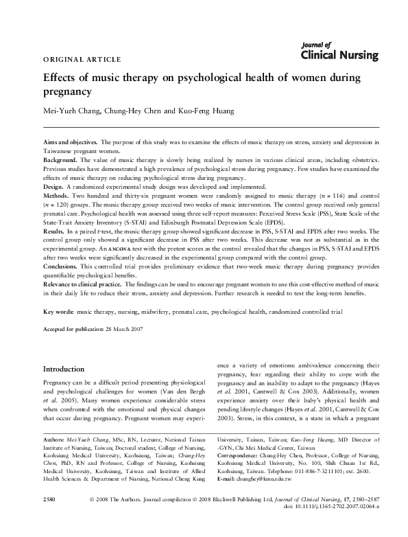 (PDF) Effects of music therapy on psychological health of women during ...