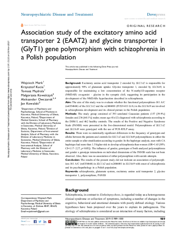 (PDF) Association study of the excitatory amino acid transporter 2 ...