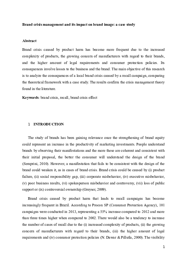 Pdf Brand Crisis Management And Its Impact On Brand Image A Case Study