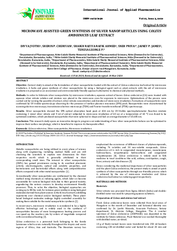 (PDF) MICROWAVE ASSISTED GREEN SYNTHESIS OF SILVER NANOPARTICLES USING ...