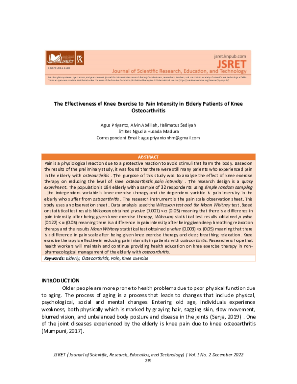 (PDF) The Effectiveness of Knee Exercise to Pain Intensity in Elderly ...