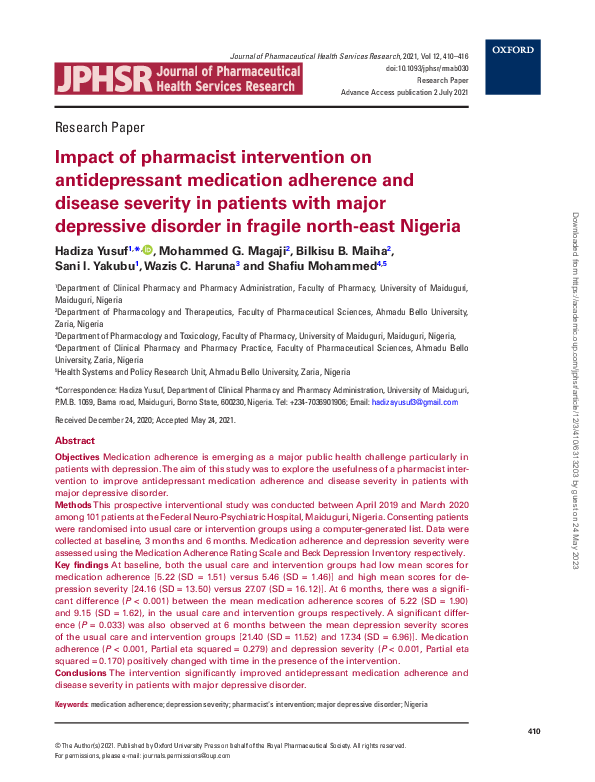 (PDF) Impact of pharmacist intervention on antidepressant medication ...