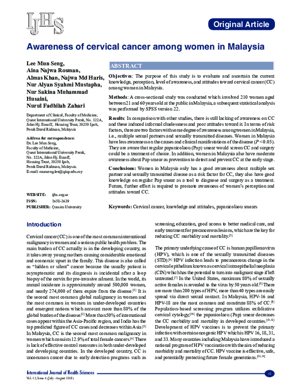 (PDF) Awareness of cervical cancer among women in Malaysia