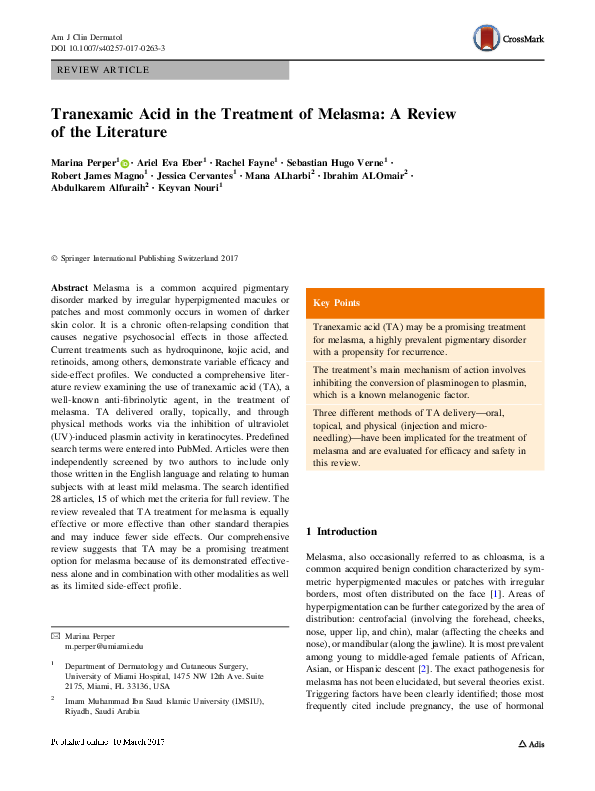 (PDF) Tranexamic Acid in the Treatment of Melasma A Review of the