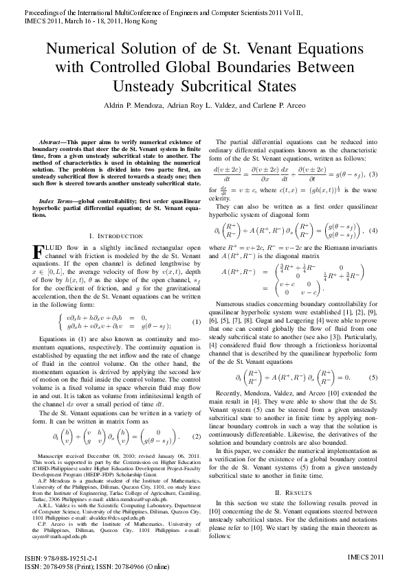 (PDF) Numerical Solution of de St. Venant Equations with Controlled ...