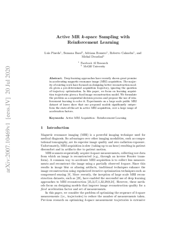 (PDF) Active MR k-space Sampling with Reinforcement Learning