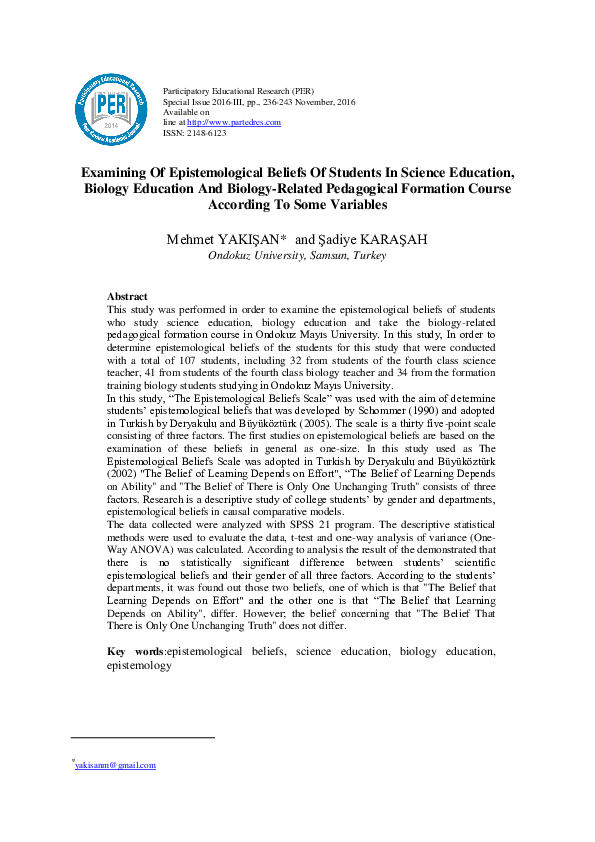 (PDF) Examining Of Epistemological Beliefs Of Students In Science ...