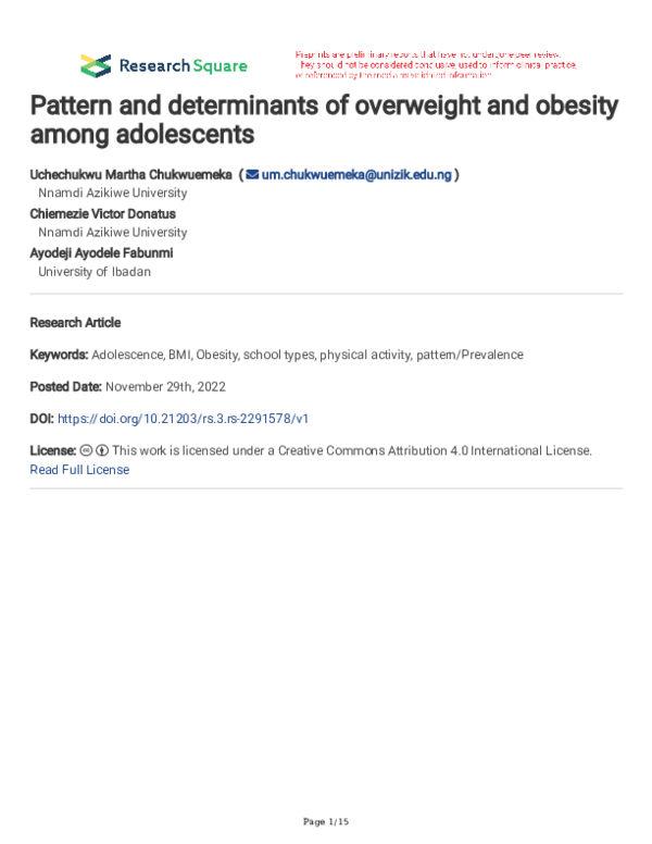 (PDF) Pattern and determinants of overweight and obesity among adolescents
