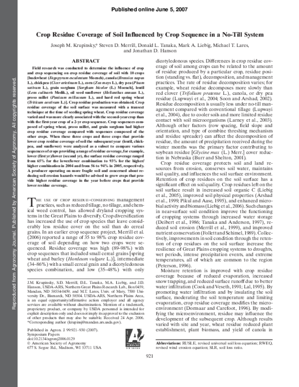 (PDF) Crop Residue Coverage of Soil Influenced by Crop Sequence in a No ...