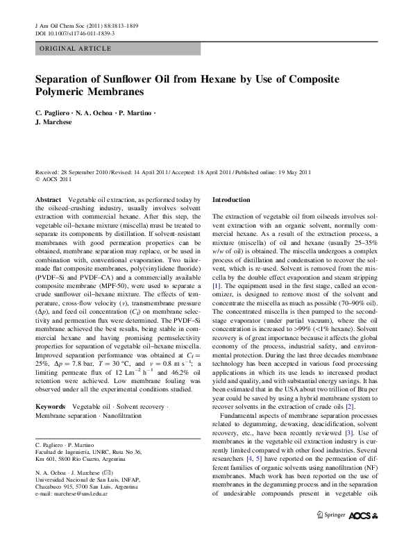 (PDF) Separation of Sunflower Oil from Hexane by Use of Composite