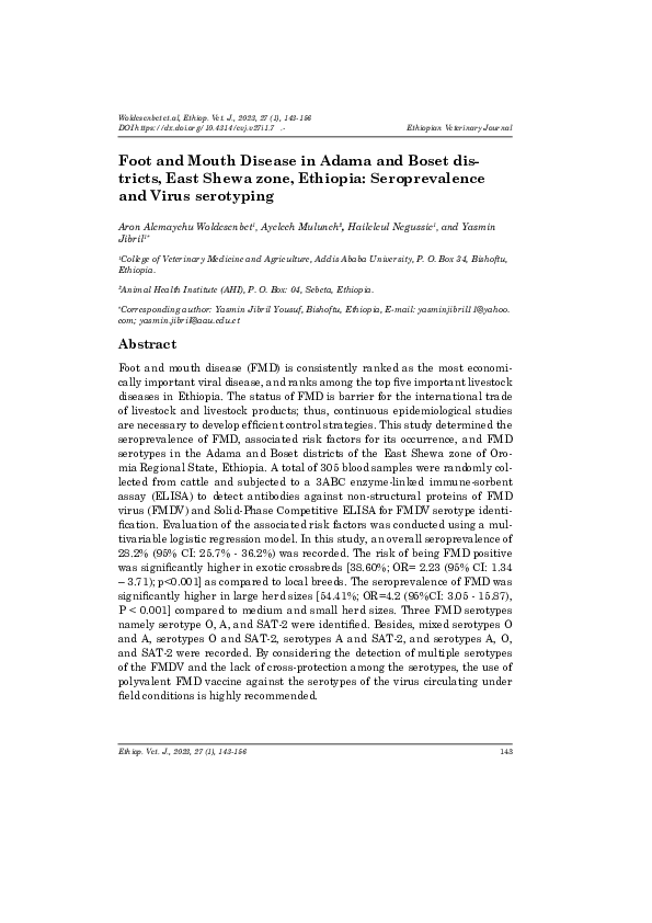 (PDF) Foot and Mouth Disease in Adama and Boset districts, East Shewa ...