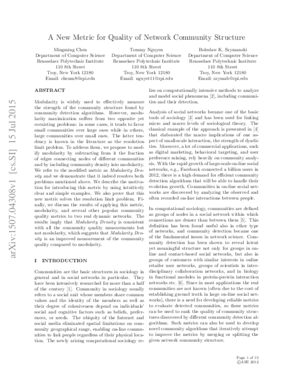 (PDF) Modularity Density: A New Community Metric