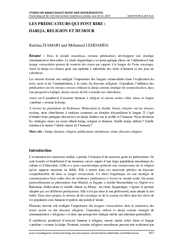 (PDF) LES PREDICATEURS QUI FONT RIRE : DARIJA, RELIGION ET HUMOUR