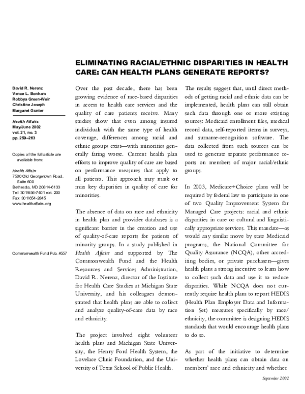 (PDF) Eliminating Racial/Ethnic Disparities In Health Care: Can Health ...