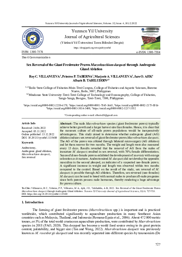 (PDF) Sex Reversal of the Giant Freshwater Prawn Macrobrachium dacqueti ...