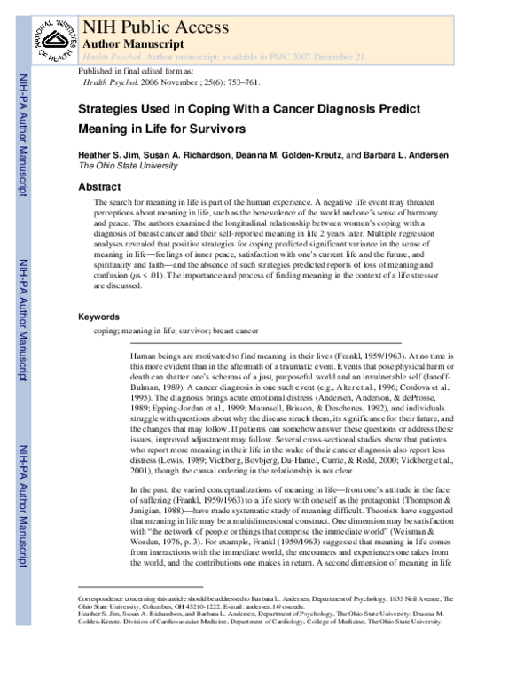 (PDF) Strategies used in coping with a cancer diagnosis predict meaning ...