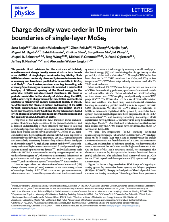 (PDF) Charge density wave order in 1D mirror twin boundaries of single ...