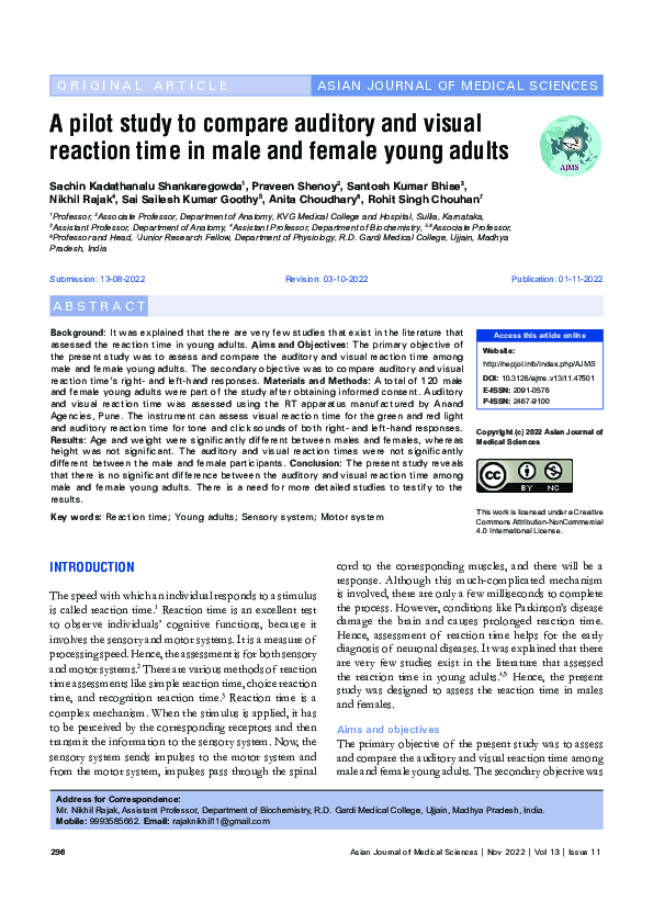 (PDF) A pilot study to compare auditory and visual reaction time in ...