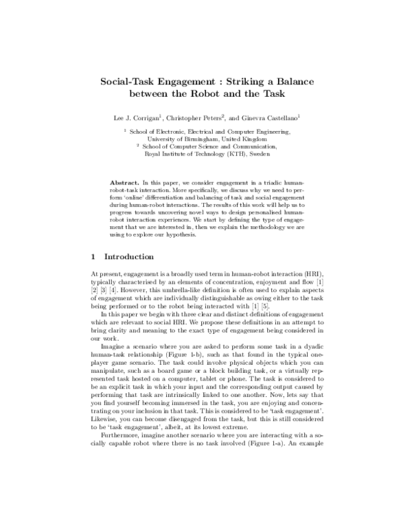 (PDF) Social-Task Engagement: Striking a Balance between the Robot and ...