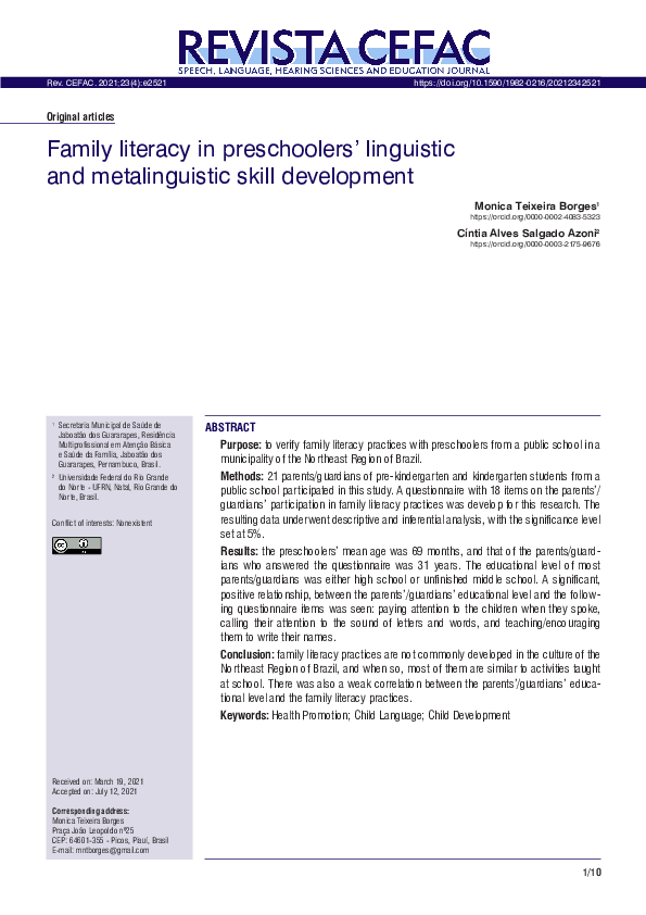 (PDF) Family literacy in preschoolers’ linguistic and metalinguistic ...