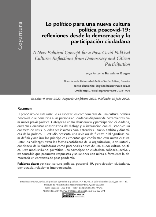 Lo político para una nueva cultura política poscovid-19: reflexiones desde la democracia y la participación ciudadana