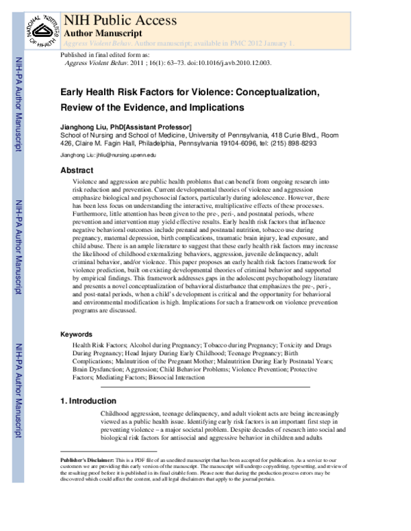(PDF) Early health risk factors for violence: Conceptualization ...