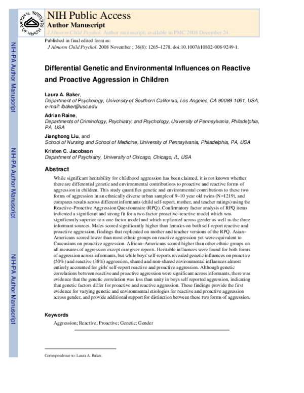 (PDF) Differential Genetic and Environmental Influences on Reactive and ...