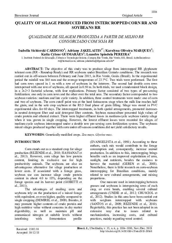 (PDF) Quality of silage produced from intercropped corn RR and soybeans RR