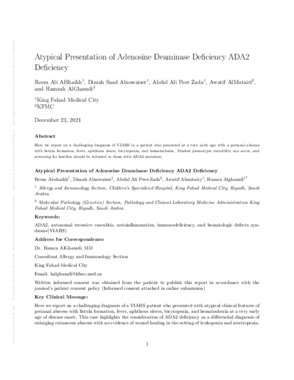 (PDF) Atypical Presentation of Adenosine Deaminase Deficiency ADA2 ...