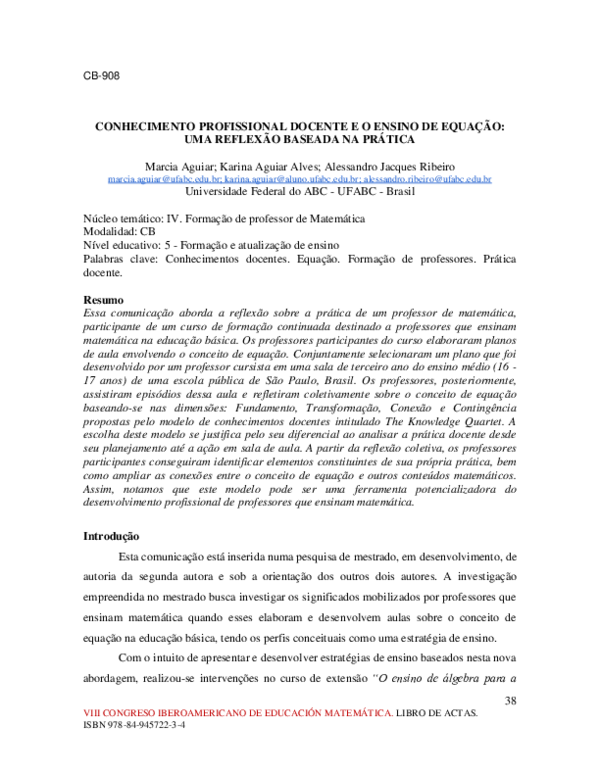 (PDF) Conhecimento profissional docente e o ensino de equação: uma ...