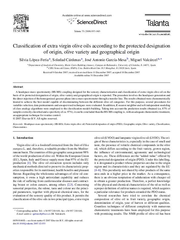 (PDF) Classification of extra virgin olive oils according to the ...